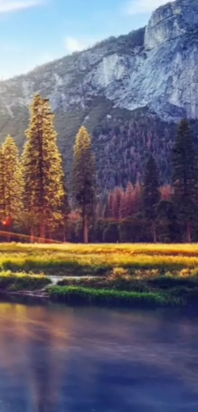 Serene mountain landscape with trees and river.