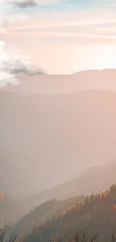 Misty mountain landscape with pastel skies and serene ambiance.