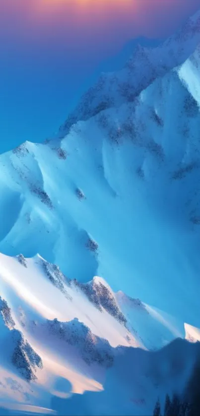 Snowy mountain peaks under a vibrant twilight sky.