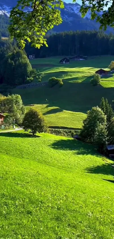 Serene mountain landscape with greenery and cottages.