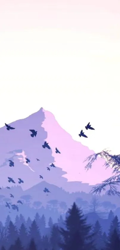 Purple mountain landscape with flying birds and forest trees.