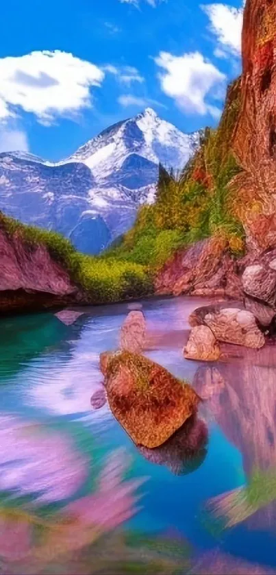 Serene mountain landscape with colorful reflections and snowy peaks.