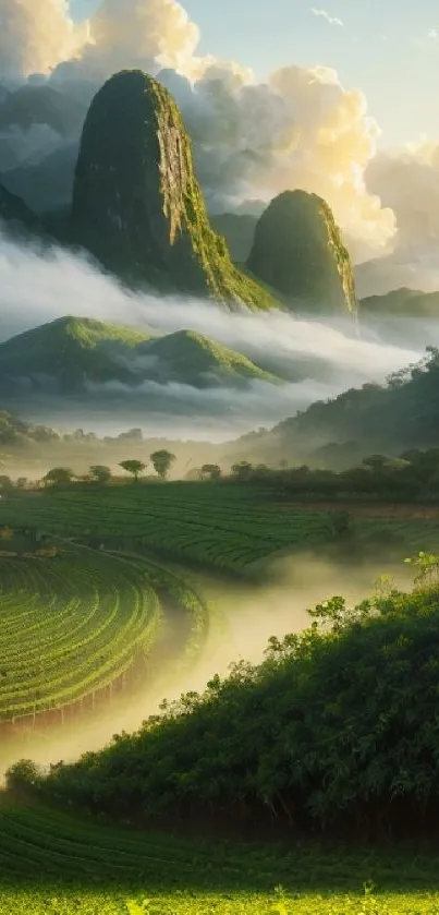 Stunning green landscape with misty mountains and lush fields.