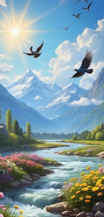 Serene mountain landscape with river, wildflowers, and birds under a bright sky.