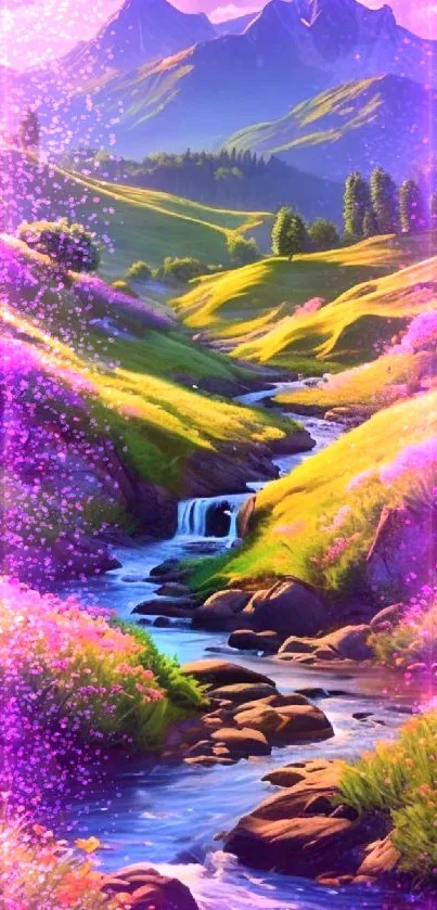 Scenic valley with stream and flowers under mountains.