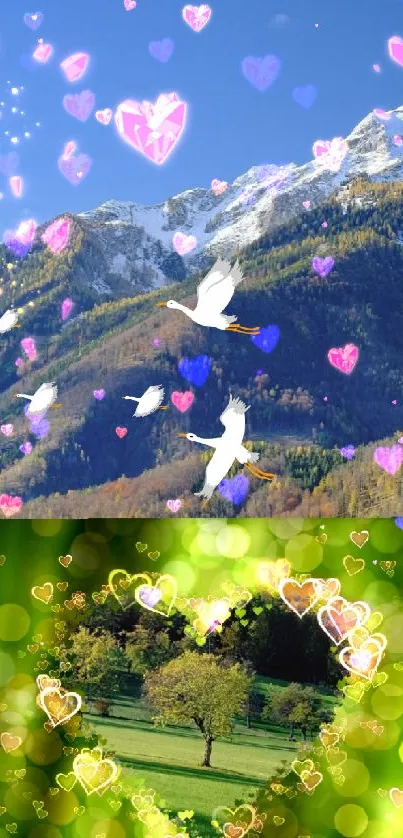 Scenic mountain landscape with vibrant green heart-shaped bokeh.