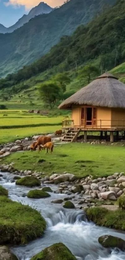 Rustic hut by stream in green mountain valley