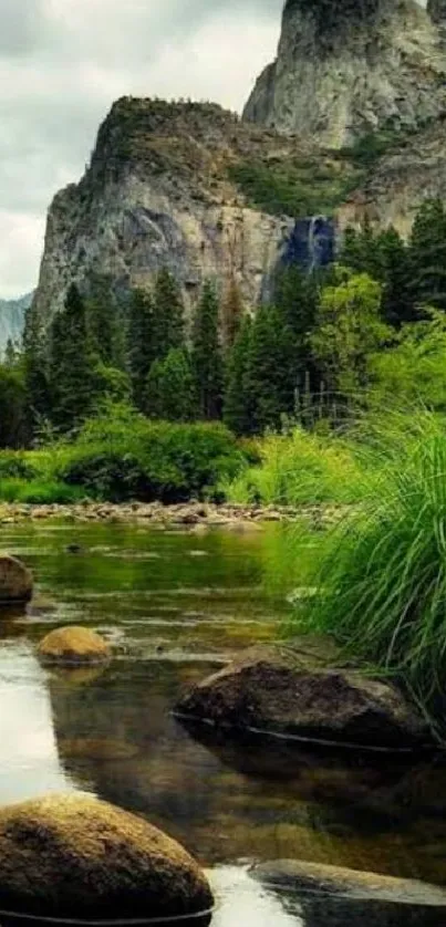 Serene landscape with mountains and river.