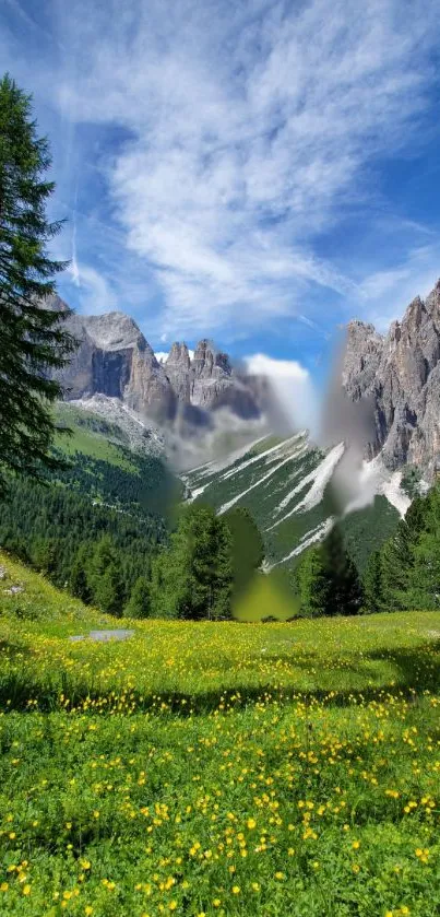 Serene mountain landscape with green meadows and blue sky.
