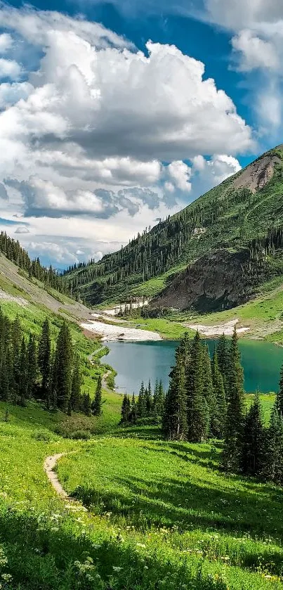 Serene mountain landscape with lush greenery and a clear lake.