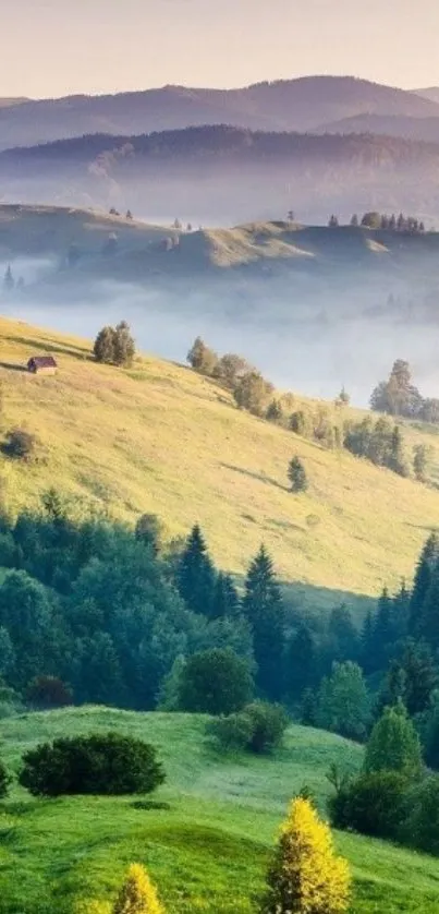 Misty mountain landscape with green hills.