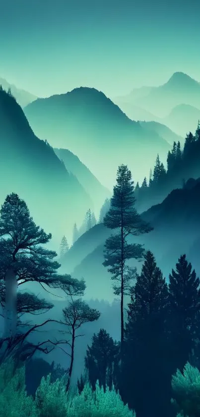 Serene landscape wallpaper with misty mountains and pine trees in teal hues.