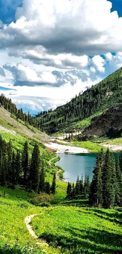 Serene landscape with mountains and a blue lake under a cloudy sky.