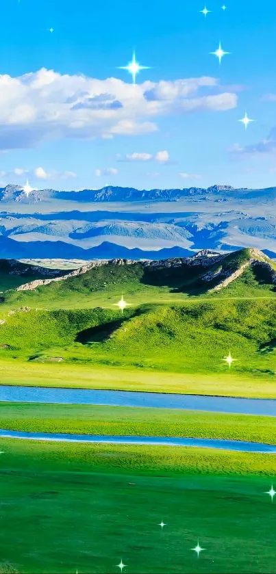 Serene mountain landscape with green hills and blue sky.