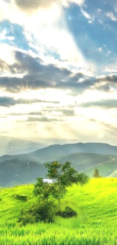 Serene mountain landscape with green hills under a bright sky.