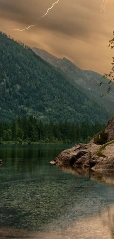 Serene mountain landscape with lightning over a calm lake.