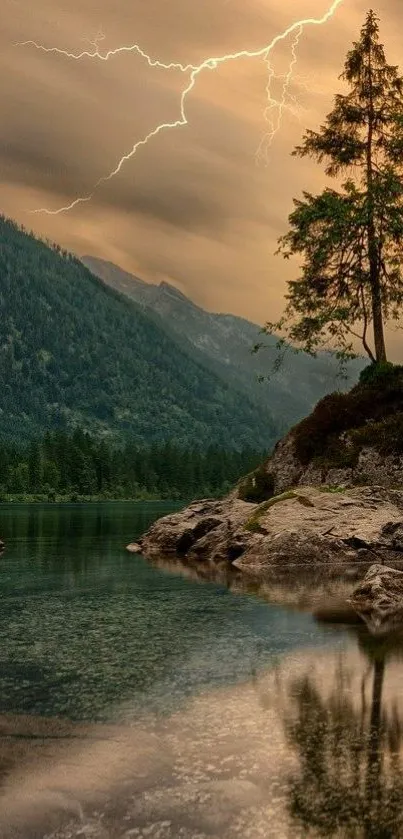 Serene mountain landscape with lightning in the sky reflecting on a calm lake.