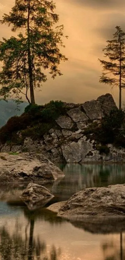 Mountain scene with lightning bolt at sunset over calm lake.