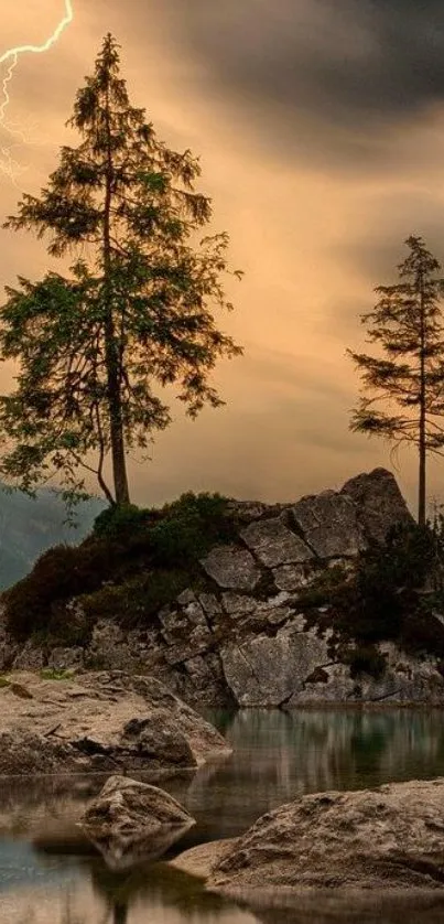 Two trees on rocks with lightning and amber sky.