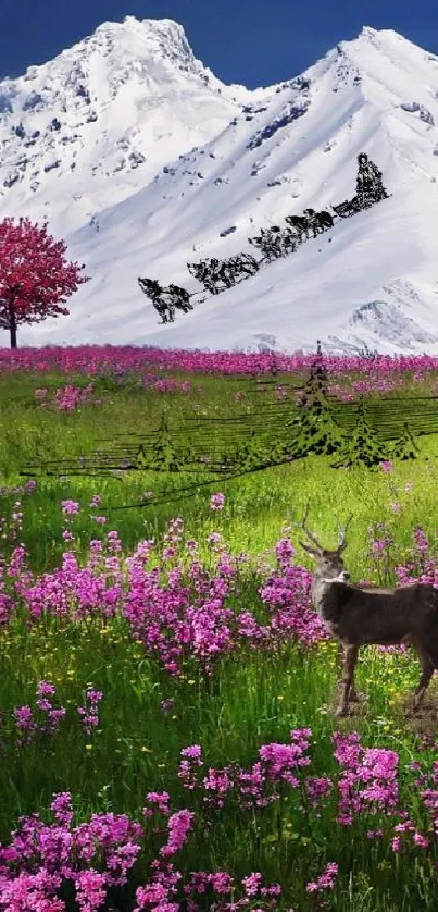 Peaceful mountain meadow with wildflowers and grazing deer.