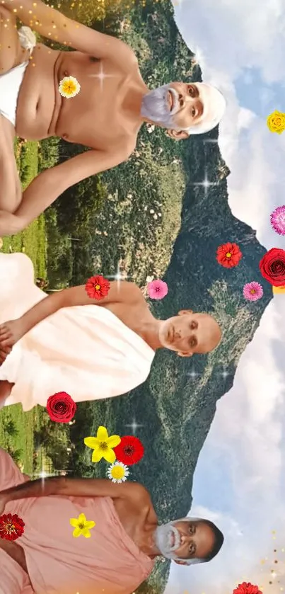 Three meditating individuals with flowers and mountain backdrop.