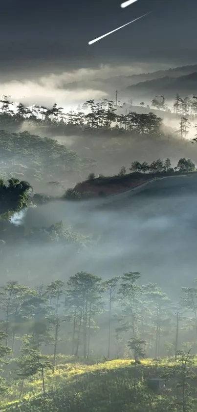 Misty mountains with greenery under starlit sky, creating tranquil scenery.