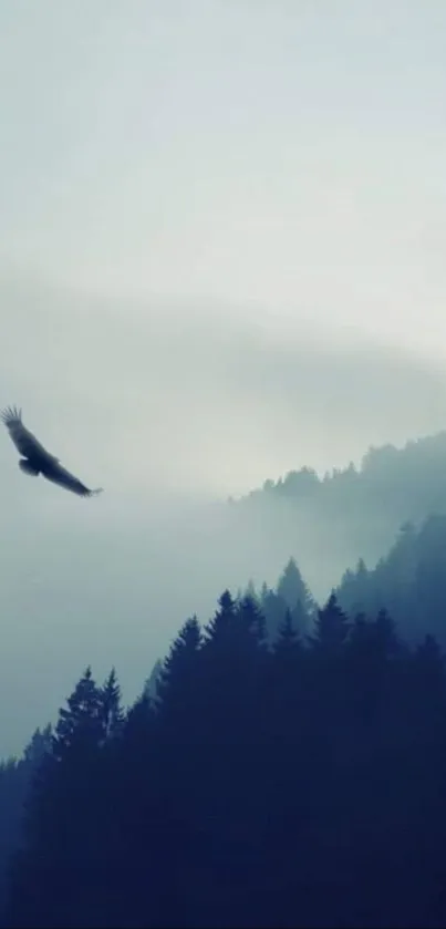 Misty mountains with a bird soaring in a serene, dark blue sky background.