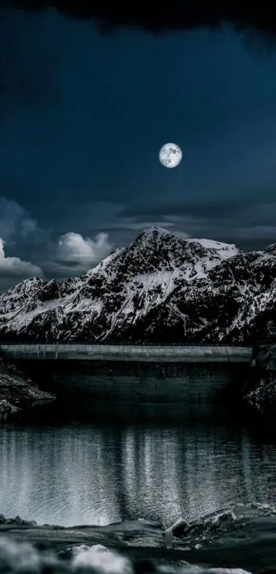 Moonlit mountain landscape with water reflection under a navy sky.