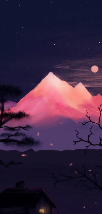 Pink-hued mountains under a dark, starry night sky with a glowing moon.