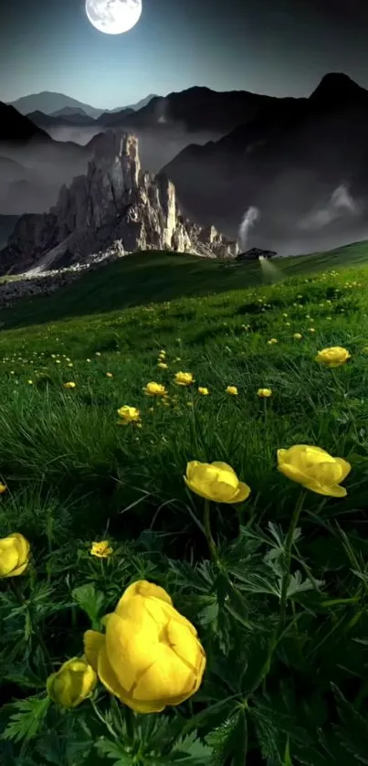 Moonlit mountain scene with yellow wildflowers and green hills.