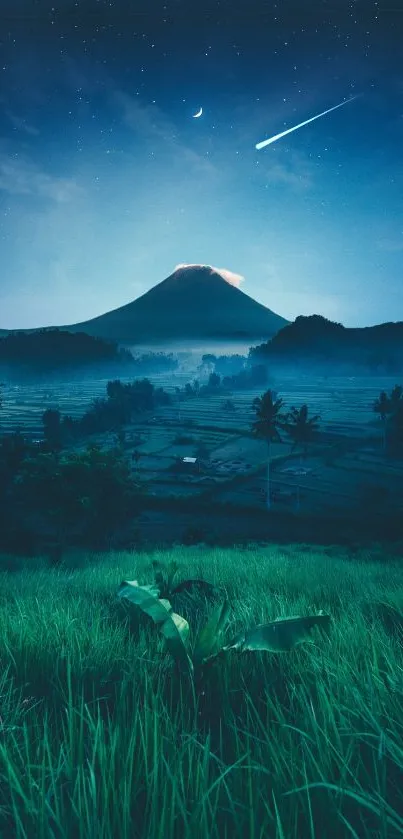 Majestic mountain under a starry night sky with crescent moon and lush green foreground.