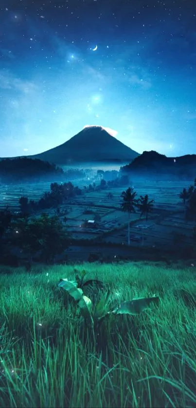 A tranquil night view of a mountain with crescent moon and lush green foreground.