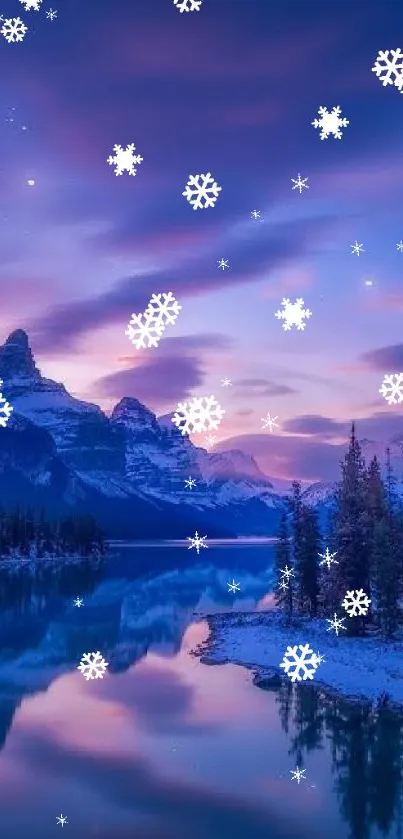 Purple night sky over mountains and lake with starry reflection.
