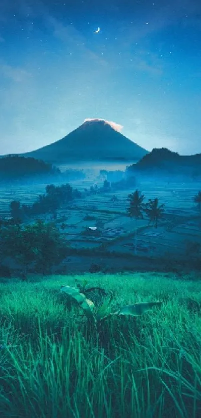 Nightscape wallpaper with mountain, green fields, and starry sky for mobile.