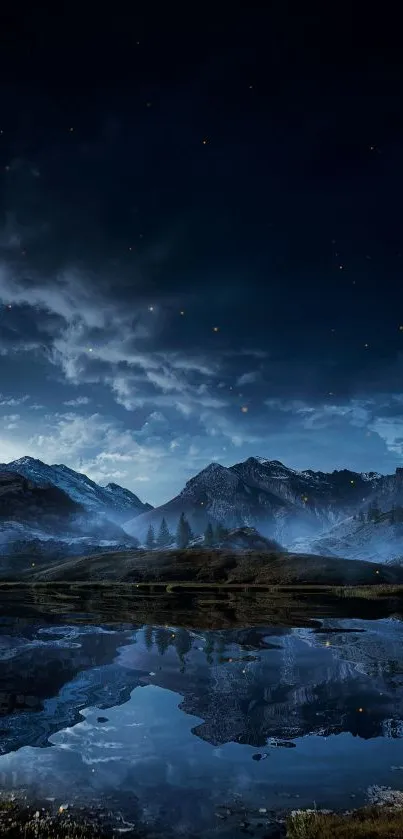 Serene nightscape with mountains, lake reflection, and starry sky for mobile wallpaper.