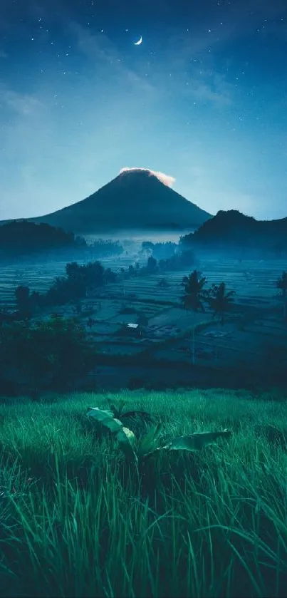 A tranquil moonlit mountain landscape at night.