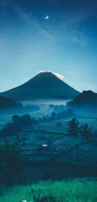 Serene mountain nightscape with stars and moon.