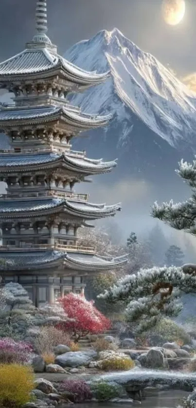 Snowy pagoda with mountain backdrop.