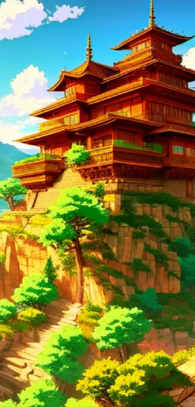 Stunning pagoda on lush mountain peak with vibrant colors.