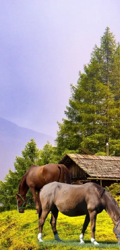 Peaceful mountain scene with grazing horses and lush green trees.