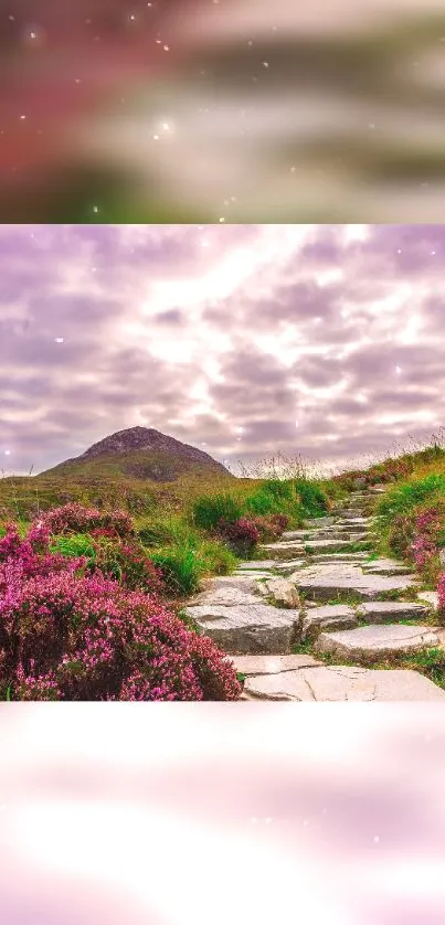 Peaceful mountain path with purple sky and lush greenery.