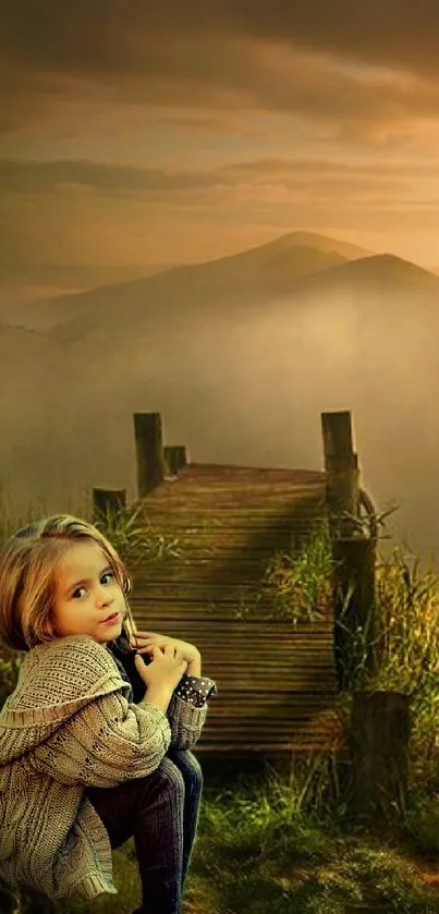 Child sitting by a misty mountain path in a serene mobile wallpaper.