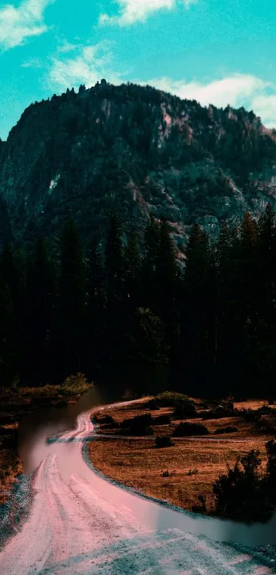 Tranquil mountain path with vibrant sky and lush greenery.