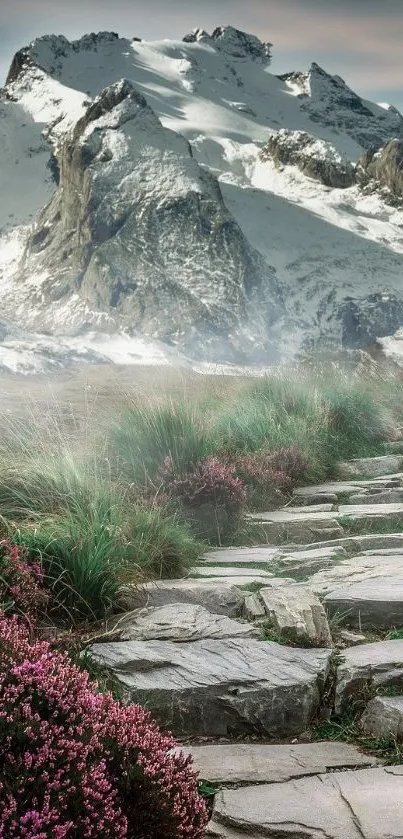 Scenic path through mountains with lush greenery and snowy peaks.