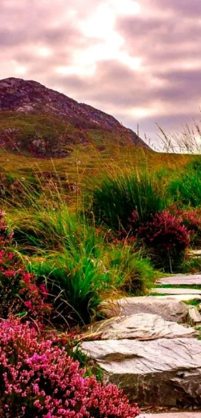 Mountain path with flowers and green landscape under a cloudy sky.