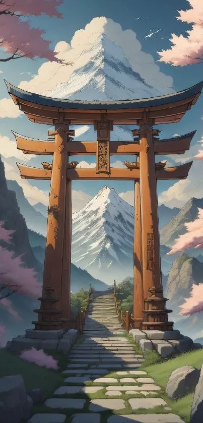 Japanese torii gate with mountains and cherry blossoms in serene scene.