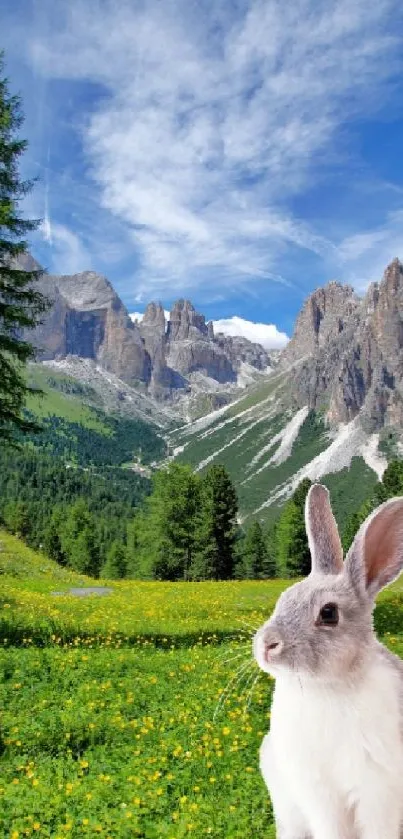 A rabbit in a lush green meadow with mountains in the background.