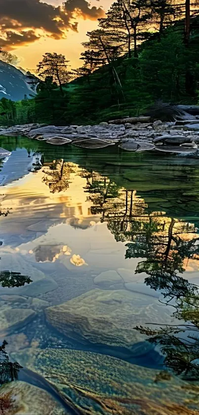 Peaceful mountain river reflecting sunset and trees.