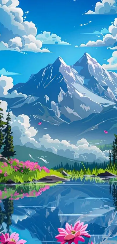 Artistic depiction of mountain reflection on a serene lake under a vibrant sky.