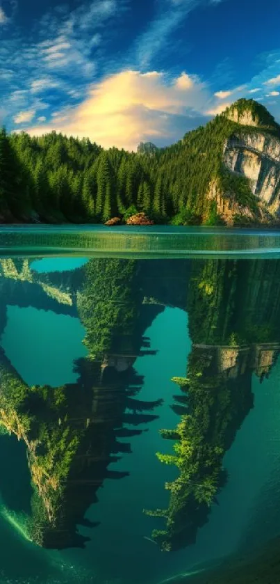 Beautiful mountain reflected in turquoise waters under a vibrant sky.